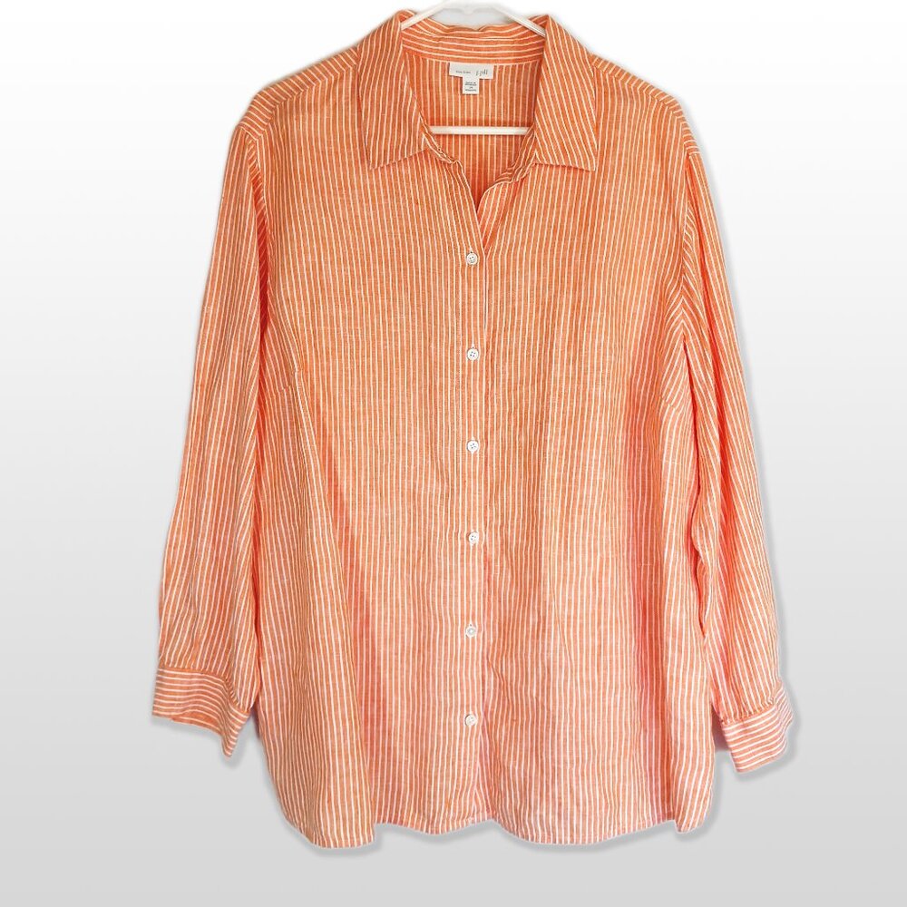 J. Jill Love Linen Orange White Pinstripe Button-Down Shirt Size 2X